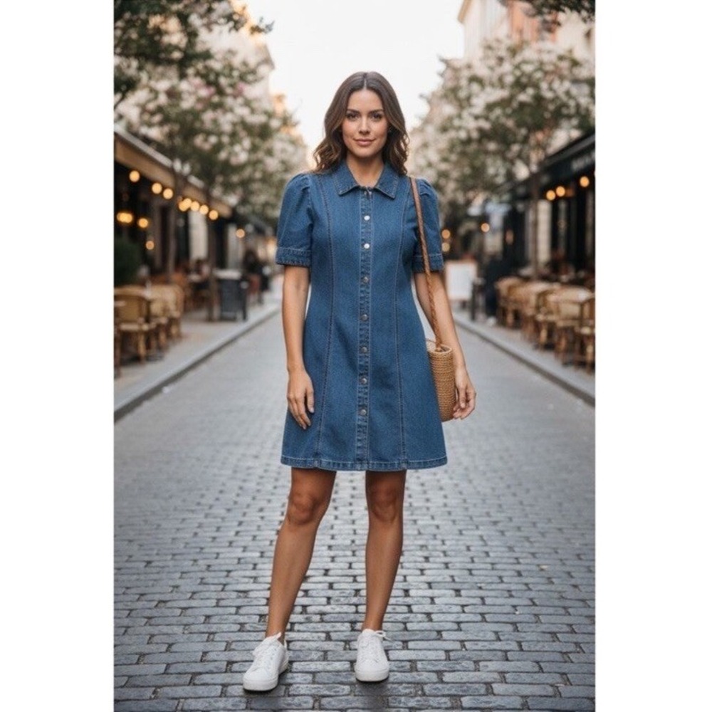 NWTSincerely Jules Women's M Blue Denim Cotton Shirt Dress Collared Button Front